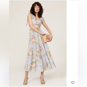 Yumi Kim Tinley Dress Blue Pink Floral Tie Strap Ruffle Midi Dress 10 Wedding